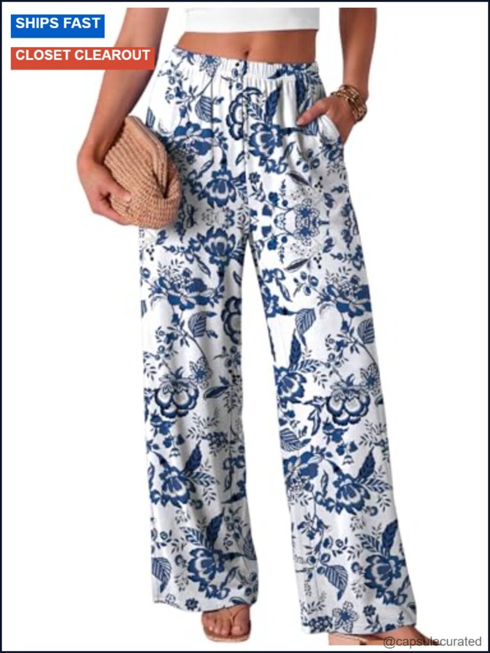 Wide Leg Palazzo Pants Elastic Waist Trousers with Pockets